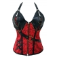 Red color corset Zipper Front leather cup top corset Halter design chain 14 steel boned corset