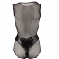 Women Sexy Deep V Leather Bodysuit Hollow-Out Mesh Lingerie  1119