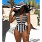women halter deep V neck white black stripe one piece swimwear M8364