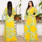 Full Sleeve Belted V-neck Floral Print Boho Chiffon Dress M8450