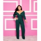 Womens Solid Sexy Deep V Neck Full Sleeve Jumpsuits Belt M9202